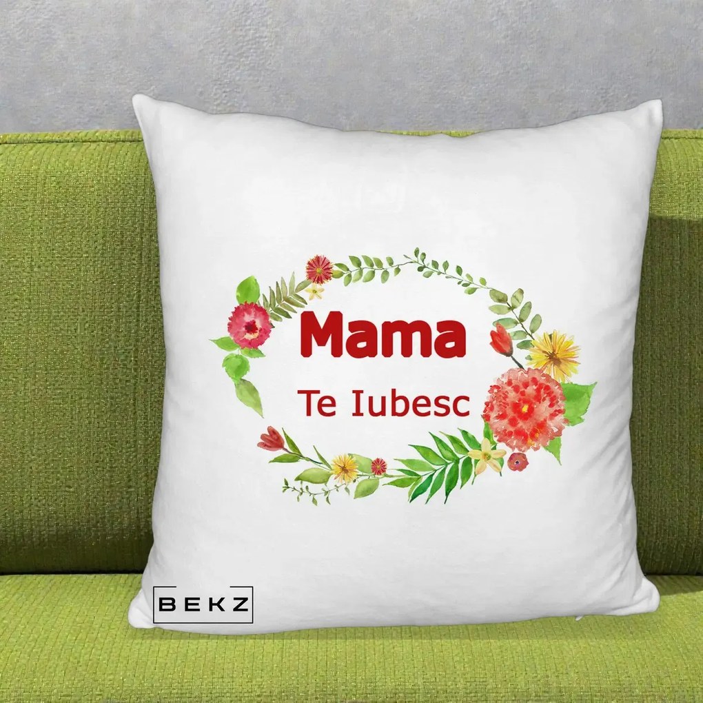 Cadou pentru Mama - Perna Personalizata Mama Te Iubesc Flori Rosii, 40x40 cm, Alb Pufos, Husa Detasabila, Perna Inclusa, BEKZ®
