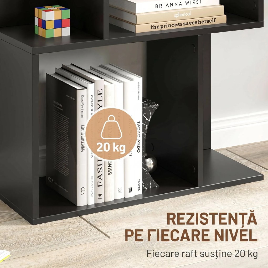 HOMCOM Bibliotecă cu 5 Rafturi Divizate în Formă de S din Lemn, 60x24x184.5 cm, Negru | Aosom Romania