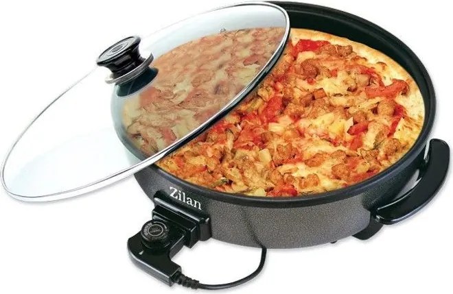 Tigaie electrica rotunda ZİLAN ZLN7870, pizza grill, diametru 38 cm, 1500 W, capac sticla, material non stick