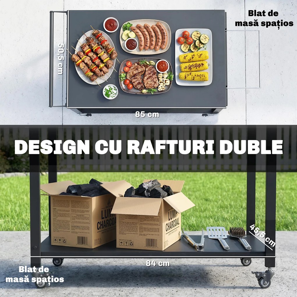 Outsunny Cărucior pentru grătar, 2 rafturi, suport pentru pizza, suport pentru saci și cârlige, Negru. | Aosom Romania