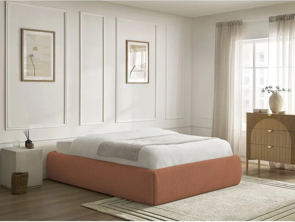 Pat matrimonial portocaliu tapițat cu spațiu de depozitare/fără tăblie cu somieră 180x200 cm Inera – Bobochic Paris