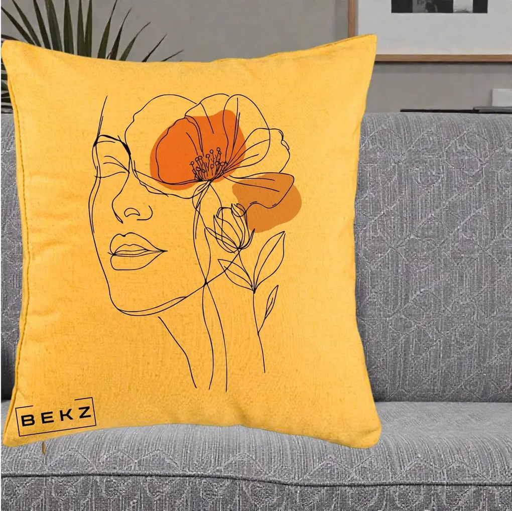 Perna Decorativa Portret Feminin Mac Profilat, 40x40 cm, Galben, Husa Detasabila, Perna Inclusa, BEKZ®