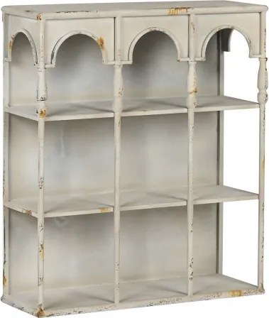 Etajeră de perete din metal, alb, trei arcade și 2 rafturi compartimentate, finisaj antichizat, 70 x 60 x 20 cm, „Fontaine”