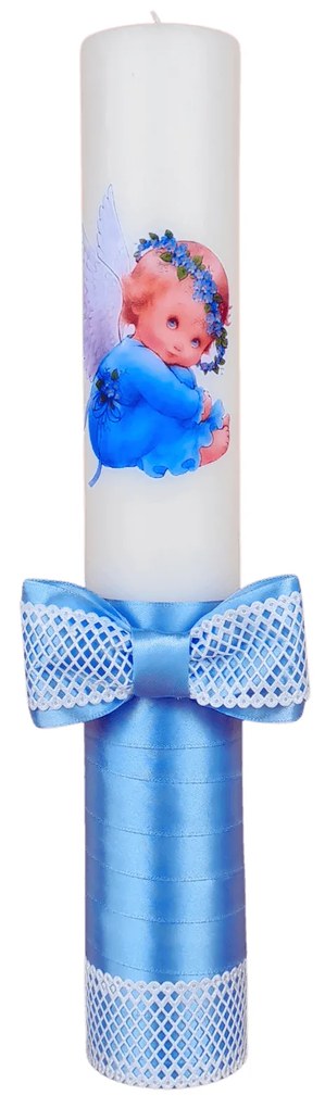 Lumanare botez decorata Ingeras albastru deschis 5,5 cm, 30 cm