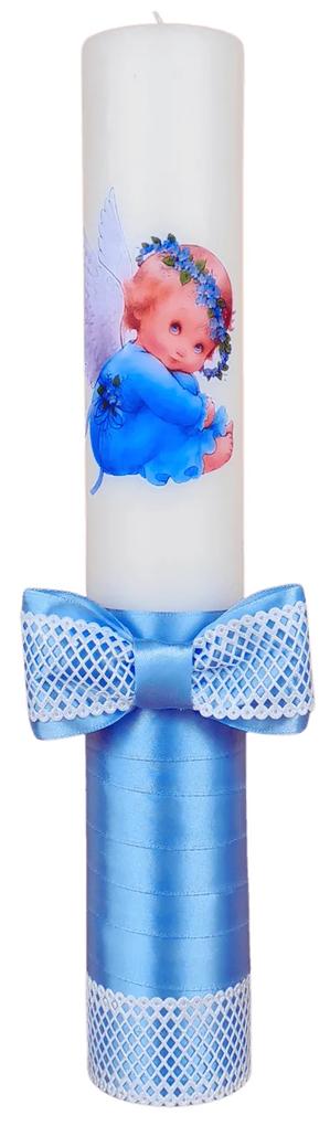 Lumanare botez decorata Ingeras albastru deschis 7 cm, 30 cm