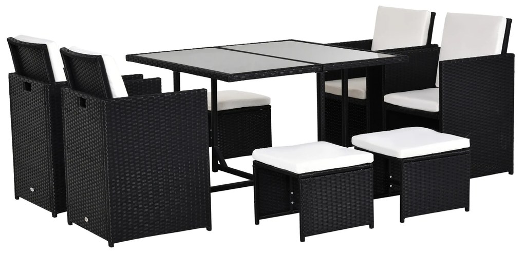 Outsunny Set Mobilier de Grădină încorporabil 8 persoane 9 piese rășină împletită 4 fire imitație răchită Negru Perne detașabile crem | Aosom Romania