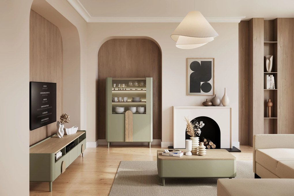 Vitrină Amilio 100 cm pentru living - eucalipt / stejar baltic dune / mânere stejar natural