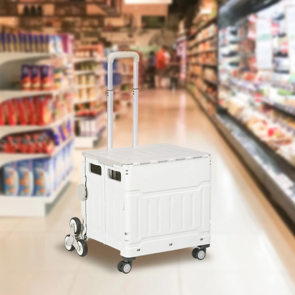HOMCOM Cărucior Pliabil pentru Cumpărături cu Roți pentru Scări și Mâner Telescopic, Capacitate 80 kg, 51L, Cărucior din Aluminiu pentru Cumpărături și Camping, Alb, 52 x 48 x 100 cm | Aosom Romania