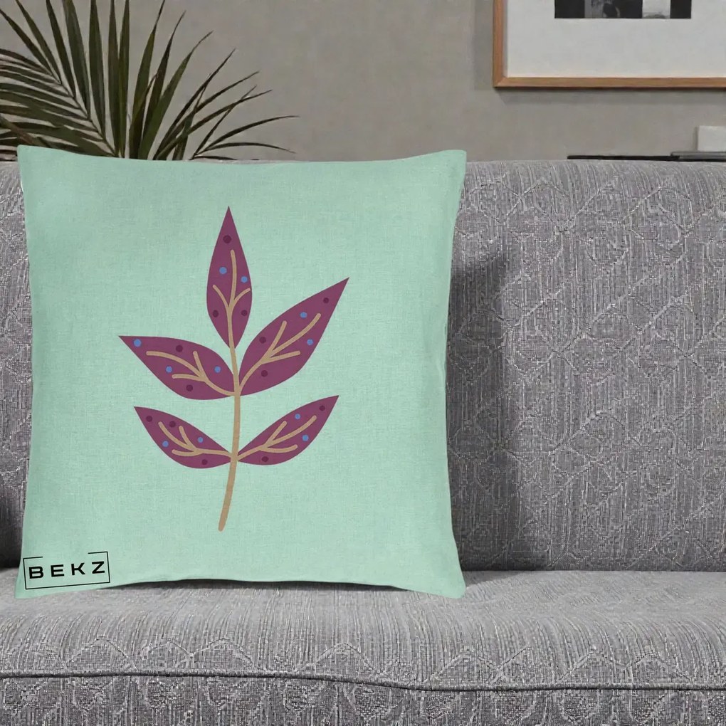 Perna Decorativa Ramura Botanica Mov, 40x40 cm, Verde Menta, Husa Detasabila, Perna Inclusa, BEKZ®