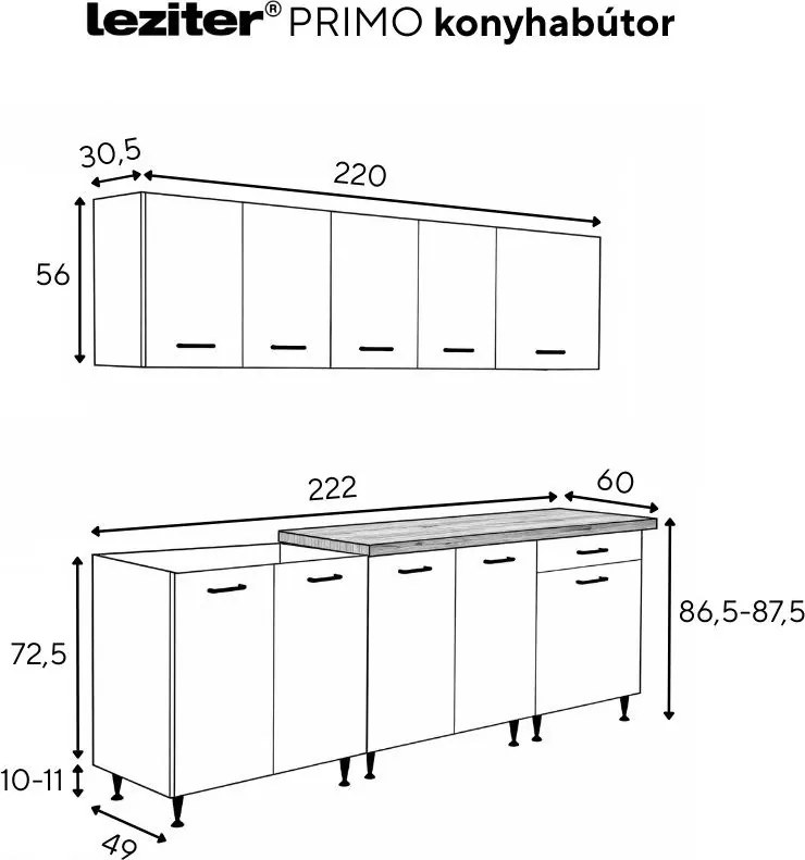 Dulap de bucătărie Primo 220 alb cu blat cromix