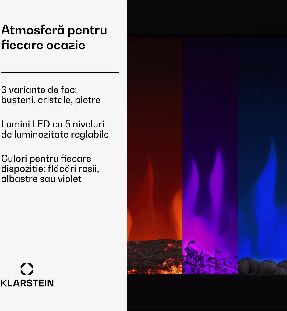 Klarstein Șemineu electric inteligent Galeras Smart, 2 setări de temperatură, 16 - 30°| Iluzia flăcării LED, Opțiune de conectare IOT