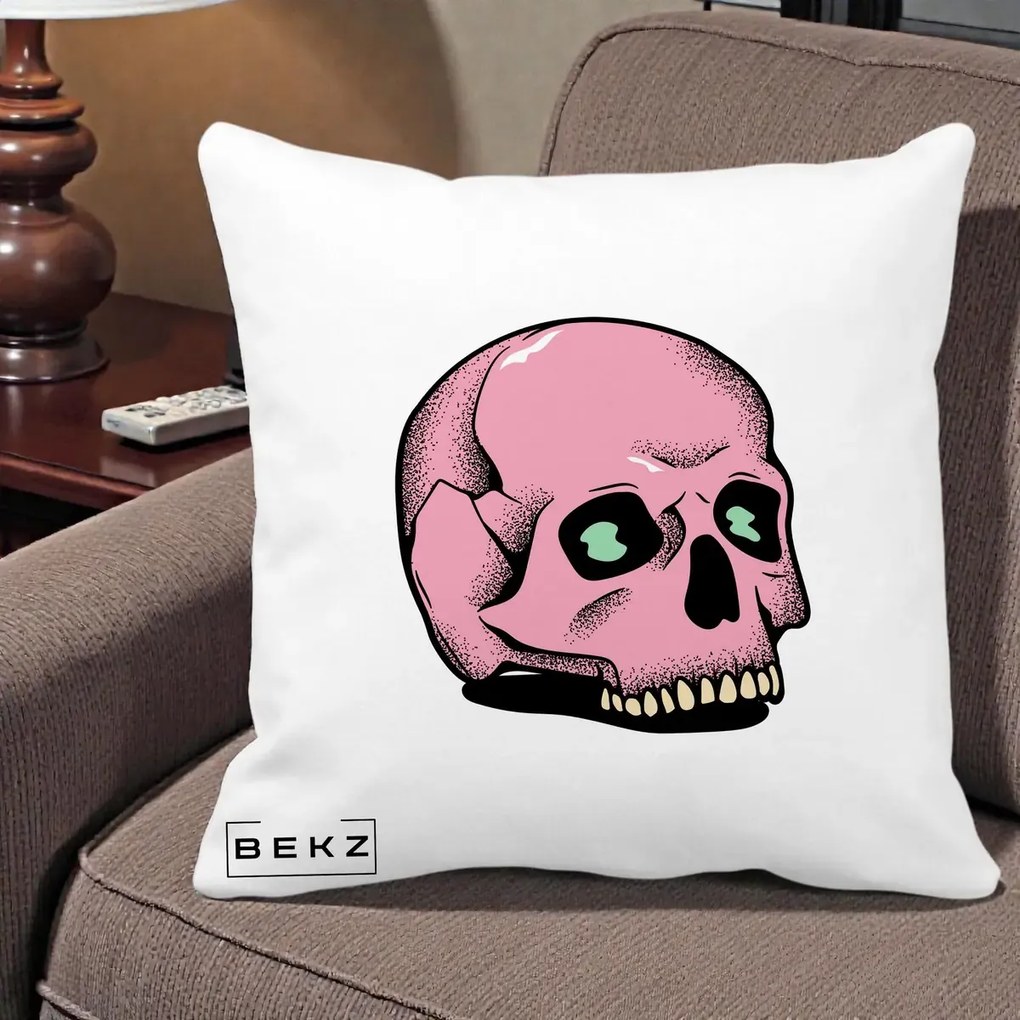 Perna Decorativa Craniu Roz Tatoo Art Halloween, 40x40 cm, Alba Mata, Husa Detasabila, Perna Inclusa, BEKZ®