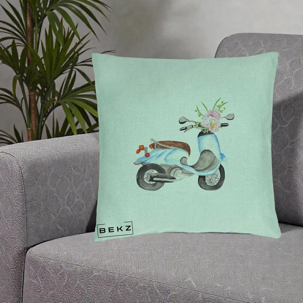 Perna Decorativa Scuter Albastru cu Flori Acuarela, 40x40 cm, Verde Menta, Husa Detasabila, Perna Inclusa, BEKZ®
