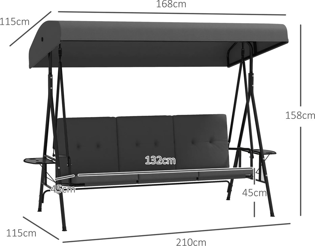Outsunny Balansoar de grădină 3 locuri, confort sporit, acoperiș reglabil, 2 tăvi laterale, perne, oțel/poliester | Aosom Romania