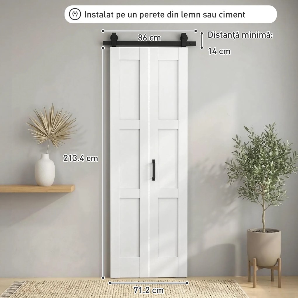 HOMCOM Ușă Culisantă Pliabilă pentru Interior 71.2x213.4cm, Șină Silențioasă din Oțel, Mâner, Ghidaj, Role, Ușă de Interior Rustică, din MDF și Lemn de Pin, Impermeabilă, pentru Bucătărie, Baie | Aosom Romania