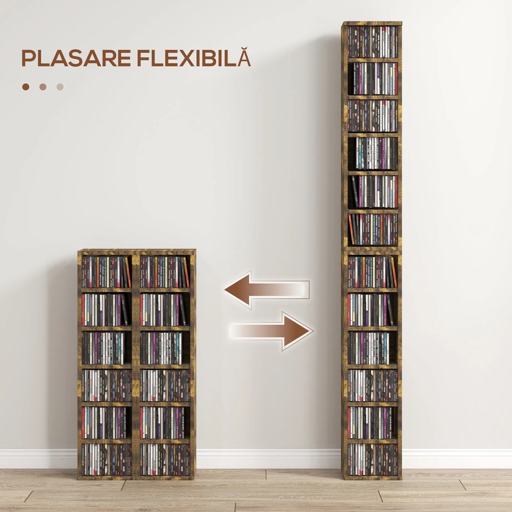 HOMCOM Raft pentru CD-uri, 2 Bucăți cu Câte 6 Rafturi cu Înălțime Reglabilă, 21x22,5x88,5 cm, Maro Rustic | Aosom Romania