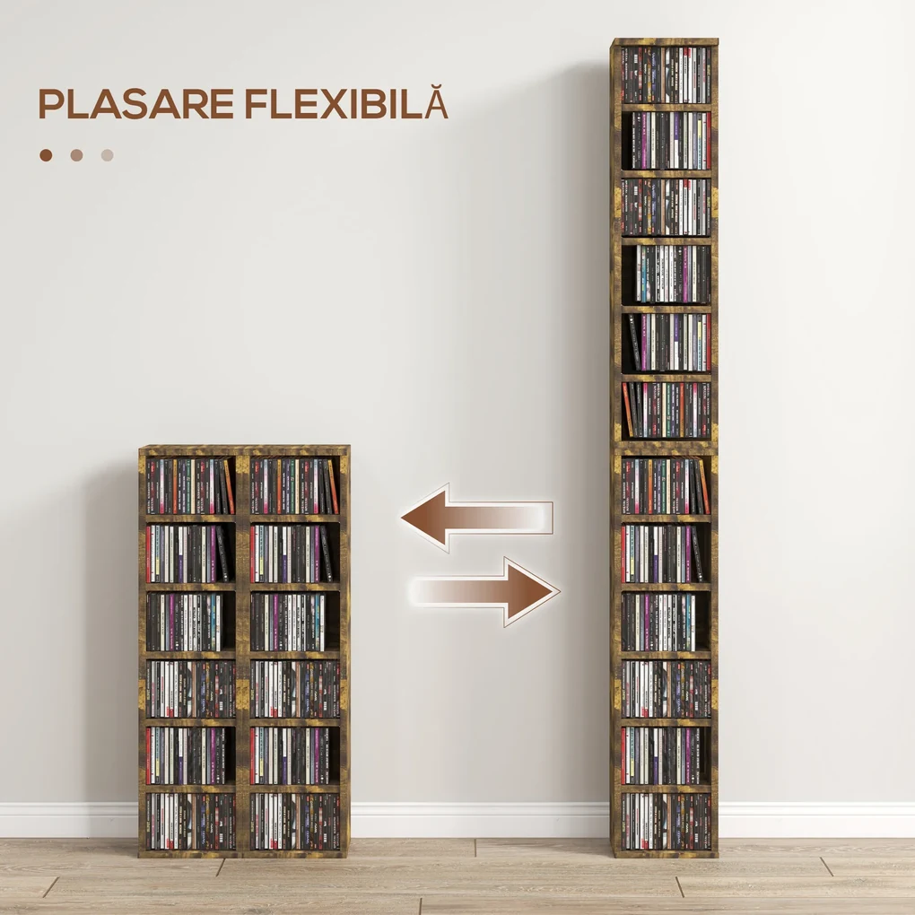 HOMCOM Raft pentru CD-uri, 2 Bucăți cu Câte 6 Rafturi cu Înălțime Reglabilă, 21x22,5x88,5 cm, Maro Rustic | Aosom Romania
