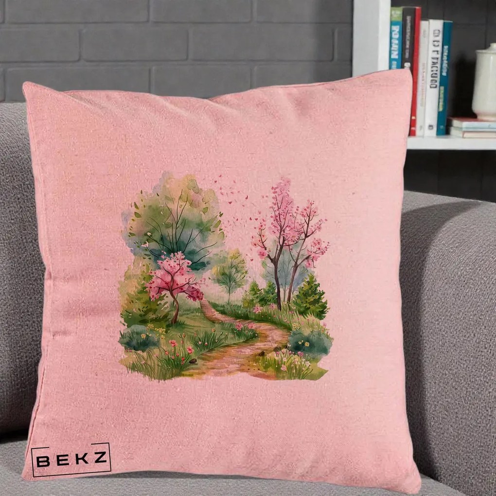 Perna Decorativa Gradina Primavara Acuarela, 40x40 cm, Roz, Husa Detasabila, Perna Inclusa, BEKZ®