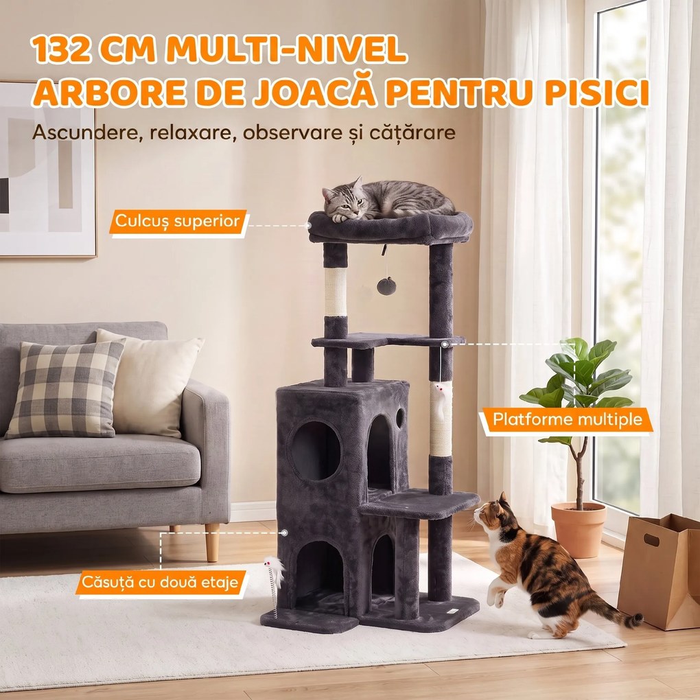PawHut Ansamblu pentru Pisici, 132 cm, Pluș PAL, Gri Închis | Aosom Romania