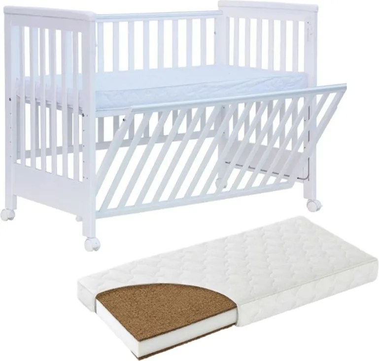 RESIGILAT Patut co-sleeping 120x60 cu laterala culisanta total si roti Treppy Dreamy Plus, integral din lemn masiv fag, reglabil pe 5 nivele, include sistem de ancorare, certificat TUV, EN716-1, EN716-2, culoare alb + saltea cocos 12 cm