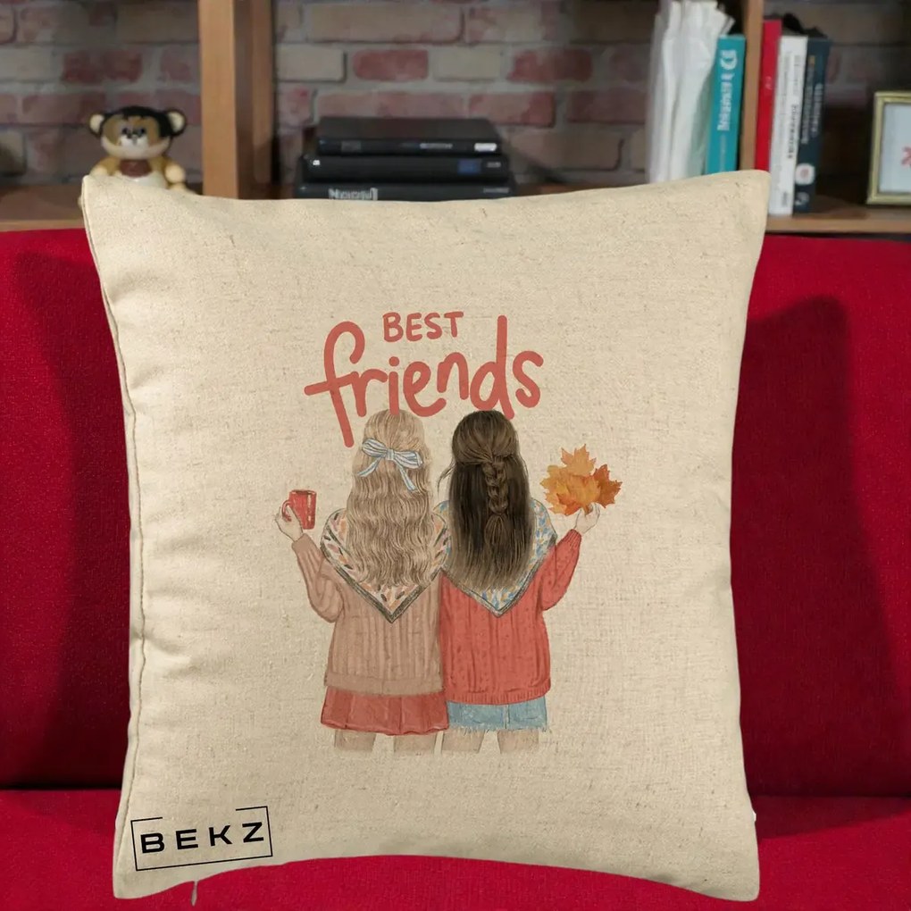 Cadou pentru Prieteni - Perna Personalizata Best Friends Toamna, 40x40 cm, Bej, Husa Detasabila, Perna Inclusa, BEKZ®