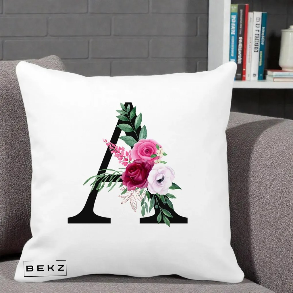Cadou Personalizat - Perna Personalizata Monograma Florala Litera A, 40x40 cm, Alba Mata, Husa Detasabila, Perna Inclusa, BEKZ®