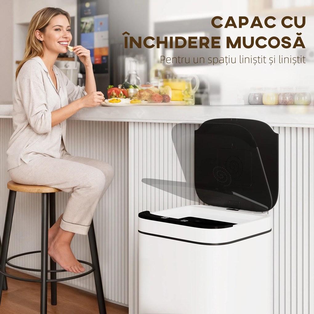 HOMCOM Coș de Gunoi de 13L cu Senzor și Spațiu pentru Deodorante, Coș din Oțel Galvanizat și PP, 24x24x41 cm, Alb și Negru | Aosom Romania