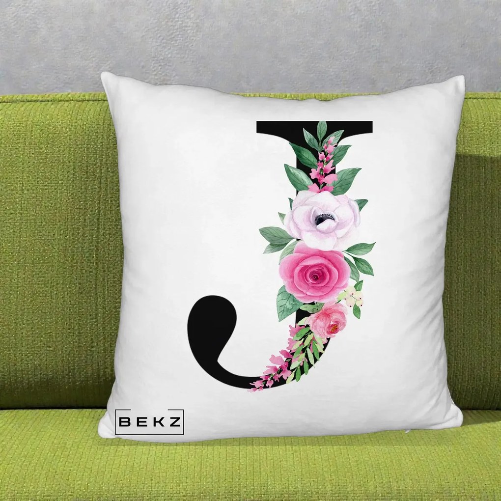 Cadou Personalizat - Perna Personalizata Monograma Florala Litera J, 40x40 cm, Alb Pufos, Husa Detasabila, Perna Inclusa, BEKZ®