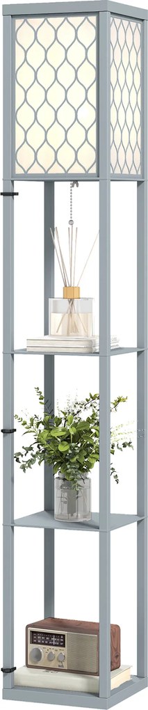 HOMCOM Lampă de podea cu raft, 3 compartimente, dimensiuni compacte, MDF, gri deschis | Aosom Romania