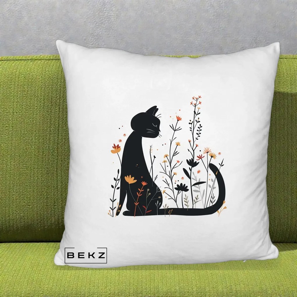 Perna Decorativa Pisica Neagra Flori Portocalii Silueta, 40x40 cm, Alb Pufos, Husa Detasabila, Perna Inclusa, BEKZ®