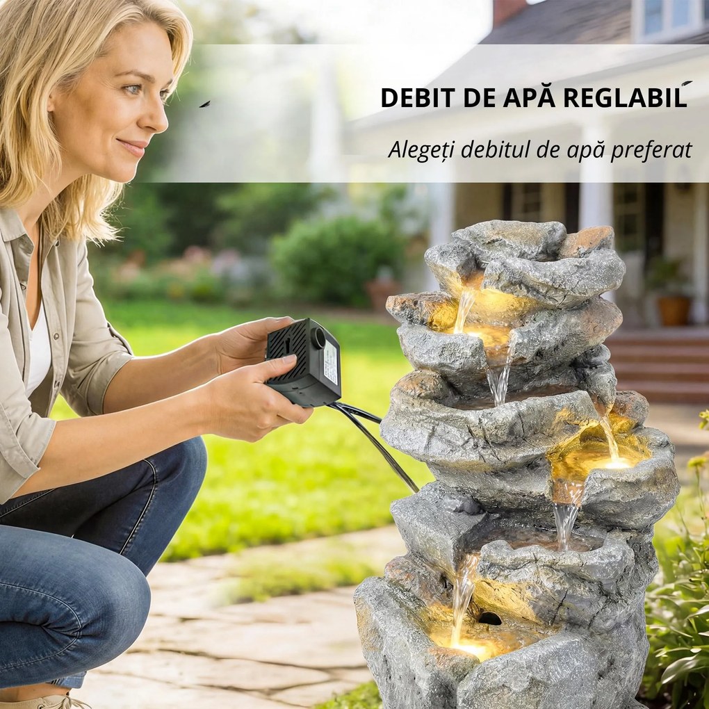 Outsunny Fântână de exterior cu design de rocă în 6 niveluri, cascadă de apă cu lumini LED, debit reglabil, gri | Aosom Romania