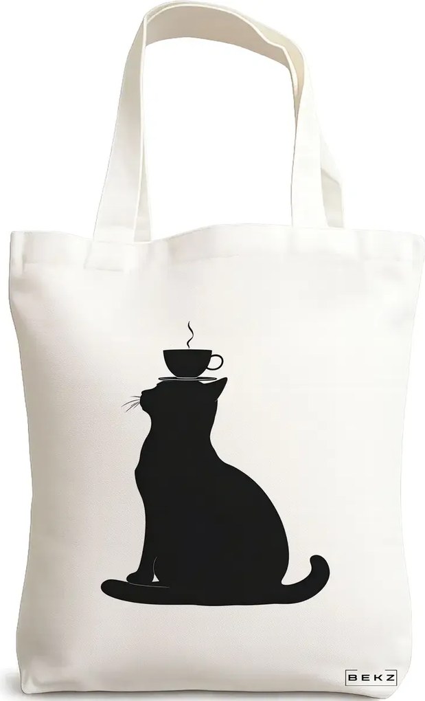 Sacosa de Panza pentru Cumparaturi, Geanta Tote, model Caffeine Cat 18 38 x 34.5 cm, Alba, BEKZ®