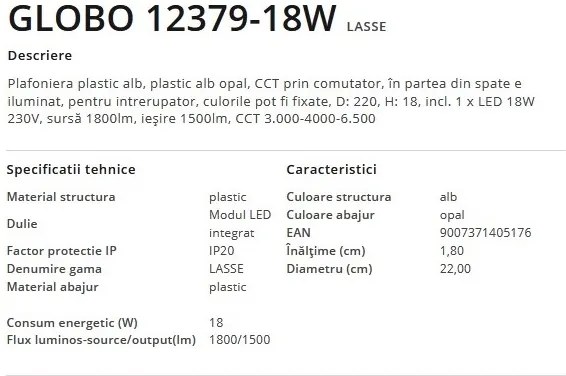Plafoniera LED design modern, diametru 22cm, LASSE alb 12379-18W GL