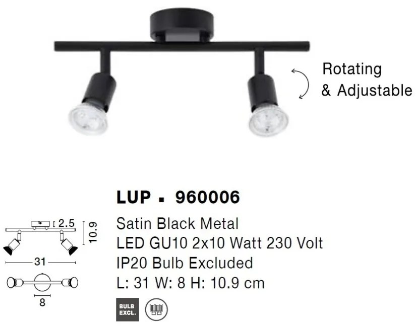 Aplica de perete/tavan cu 2 spoturi design minimalist LUP negru