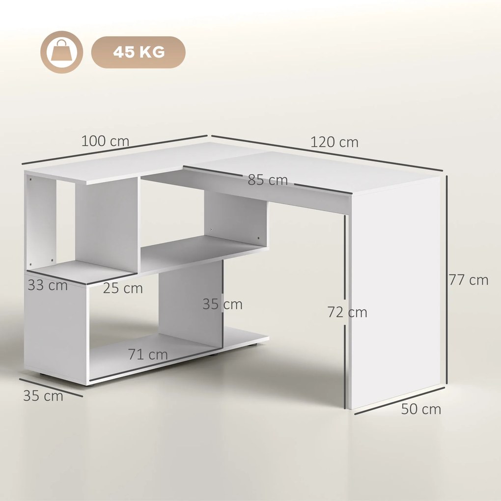 HOMCOM Birou Modern de Colț pentru Birou cu 4 Rafturi din Lemn, Alb, 120x100x77 cm | Aosom Romania