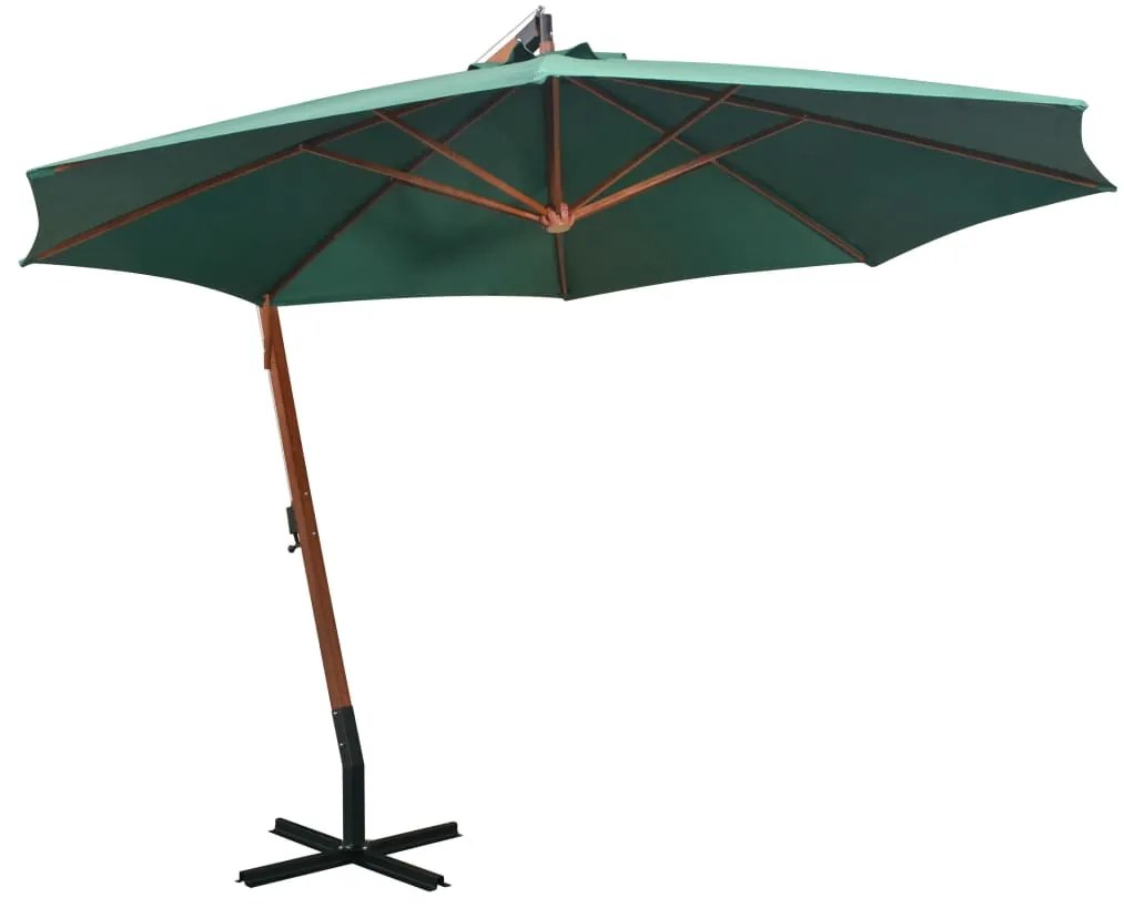 Umbrela de soare suspendata 350 cm, stalp din lemn, verde