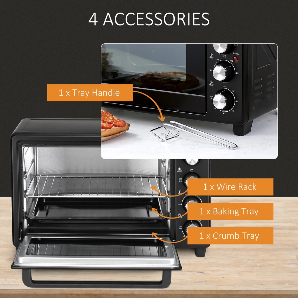 Cuptor Electric HOMCOM 32L Reglare Temperatura, Accesorii , 52.2x38.1x33.5cm, Negru | Aosom RO