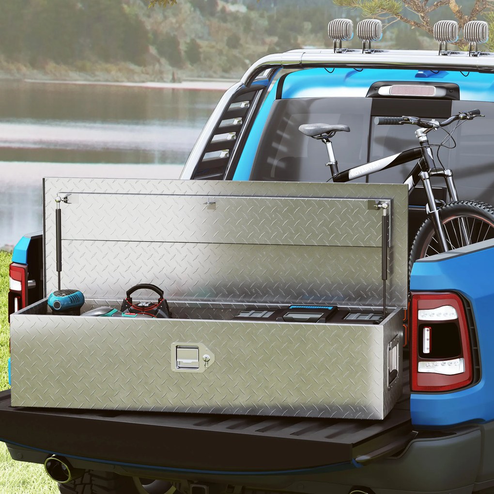 HOMCOM Cufăr pentru unelte pentru remorcă cutie de depozitare din aluminiu mânere late și antiderapante 99 x 33 x 25,5 cm argintiu | Aosom Romania