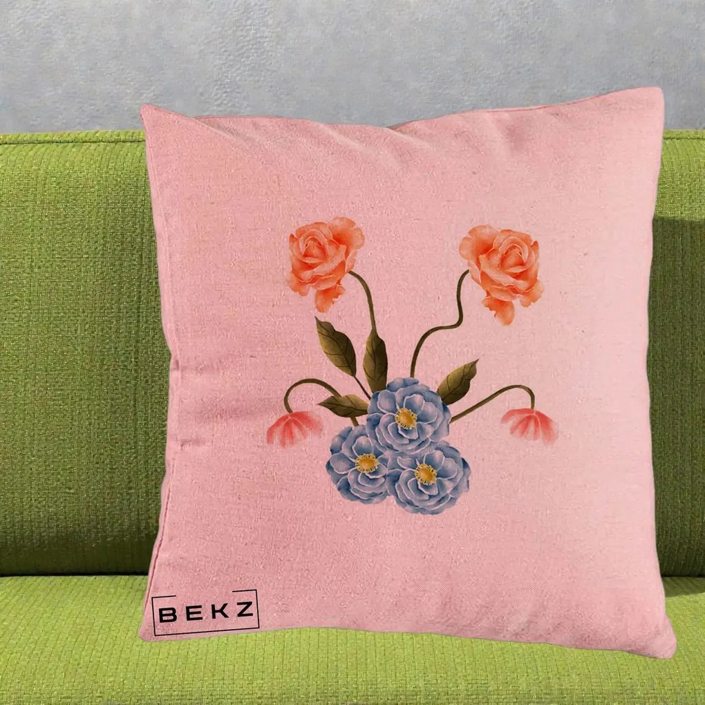 Perna Decorativa Trandafiri si Bujori Acuarela, 40x40 cm, Roz, Husa Detasabila, Perna Inclusa, BEKZ®