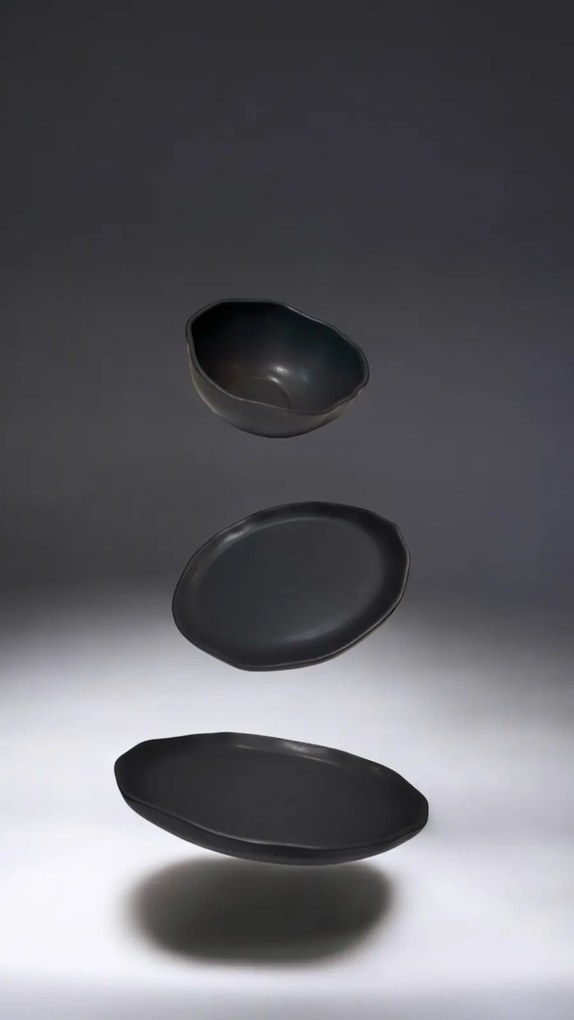 Set Farfurii NOVUM Vulcano 3 piese Negru Mat Carbon (1 Farfurie 26cm, 1 Farfurie 20cm, 1 Bol 480ml) Glazurat Manual