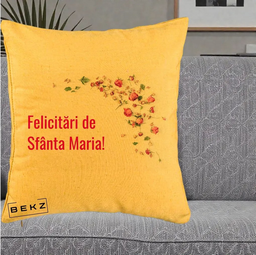 Cadou de Onomastica - Perna Personalizata Felicitari de Sfanta Maria, 40x40 cm, Galben, Husa Detasabila, Perna Inclusa, BEKZ®