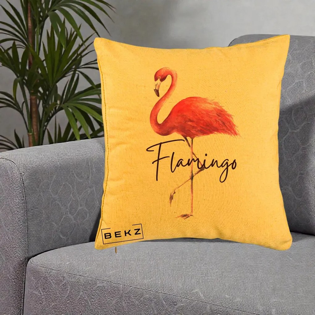 Perna Decorativa Flamingo Acuarela, 40x40 cm, Galben, Husa Detasabila, Perna Inclusa, BEKZ®