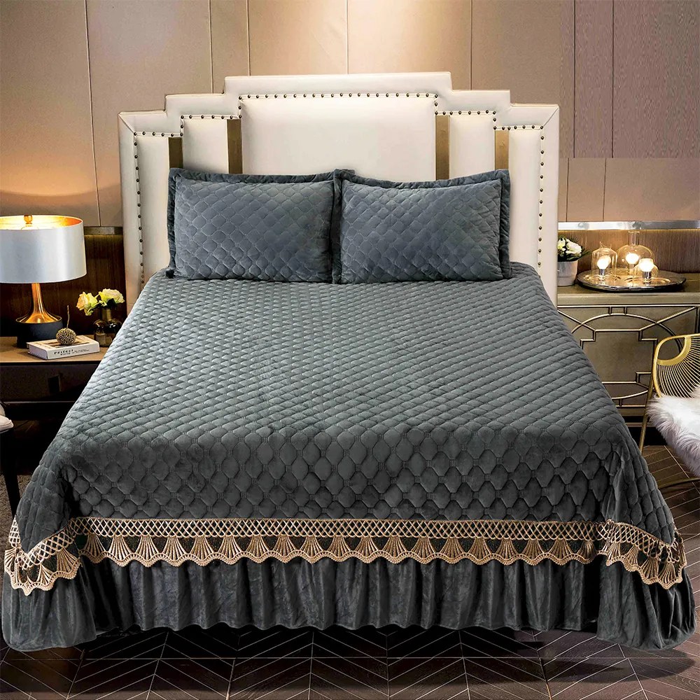Cuvertură catifea matlasată cu broderie, gri închis, 3 piese, 220x240 cm, CC73