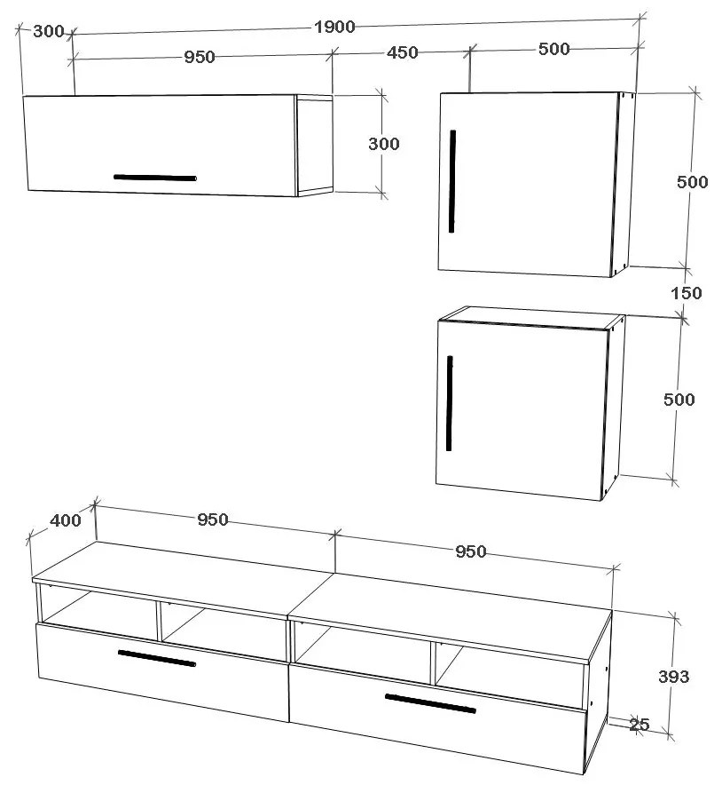 Living haaus V15, Negru/Alb Lucios, MDF, L 190 cm