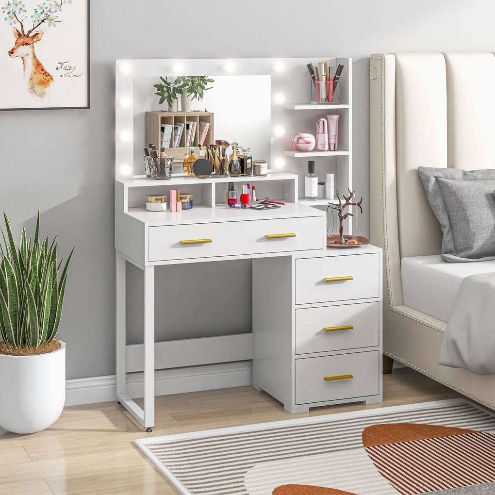 HOMCOM Masă de Machiaj Albă cu Oglindă, 4 Sertare și 6 Rafturi Deschise 100x40x138 cm | Aosom Romania