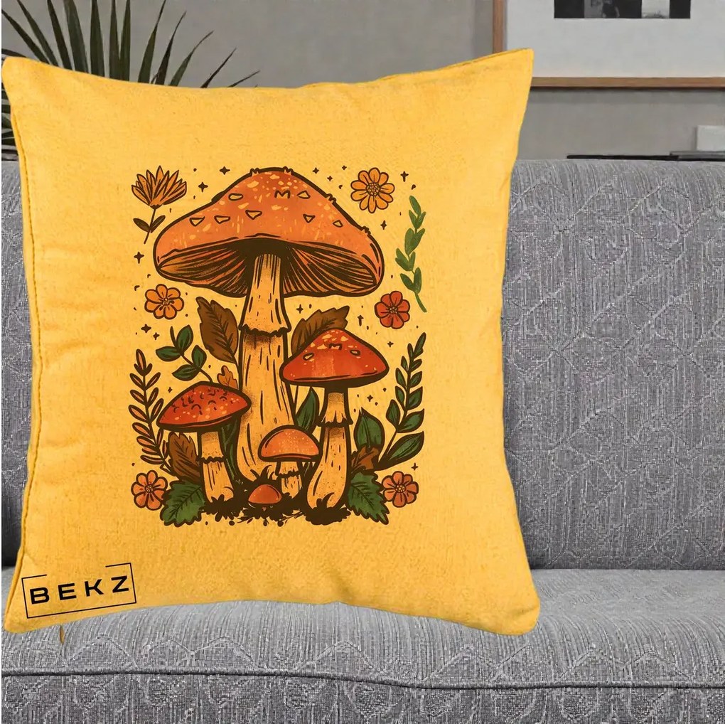 Perna Decorativa Ciuperci Vintage Floral, 40x40 cm, Galben, Husa Detasabila, Perna Inclusa, BEKZ®