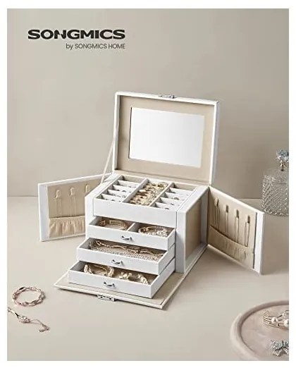 Cutie de bijuterii, Songmics, 17.5 x 22.5 x 16.5 cm, JBC159W01, Alb