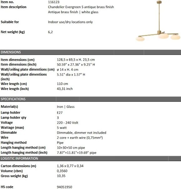 Lustra suspendata dimabila design LUX Evergreen S, alama antica 116123 HZ