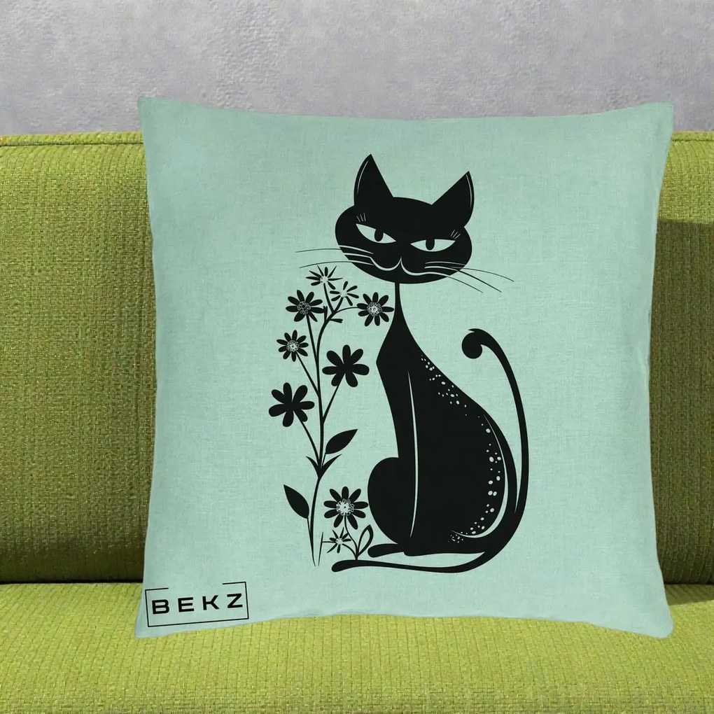 Perna Decorativa Pisica Neagra Grafica Minimalista, 40x40 cm, Verde Menta, Husa Detasabila, Perna Inclusa, BEKZ®