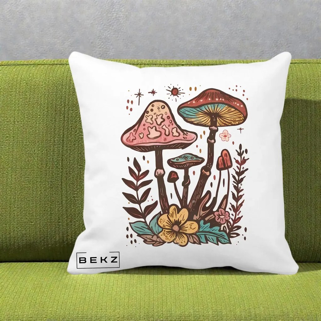 Perna Decorativa Ciuperci Boho Multicolore, 40x40 cm, Alba Mata, Husa Detasabila, Perna Inclusa, BEKZ®